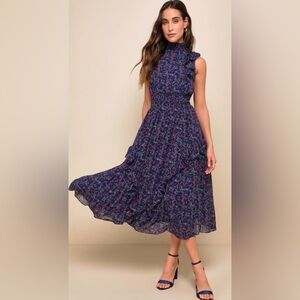 Lulu's Navy Floral High-Neck Maxi Dress